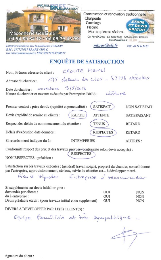 Avis de nos clients et Vidos de nos chantiers | Bres et Fils